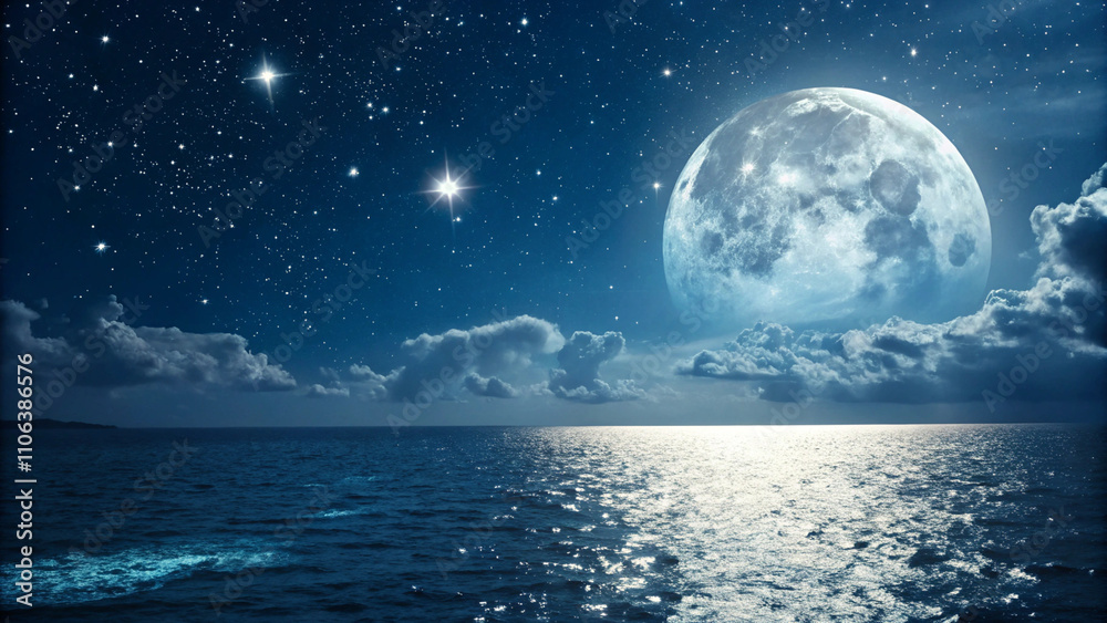 Romantic Moon With Clouds And Starry Sky Over Sparkling Blue Water
Romantic Moon With Clouds And Starry Sky Over Sparkling Blue Water