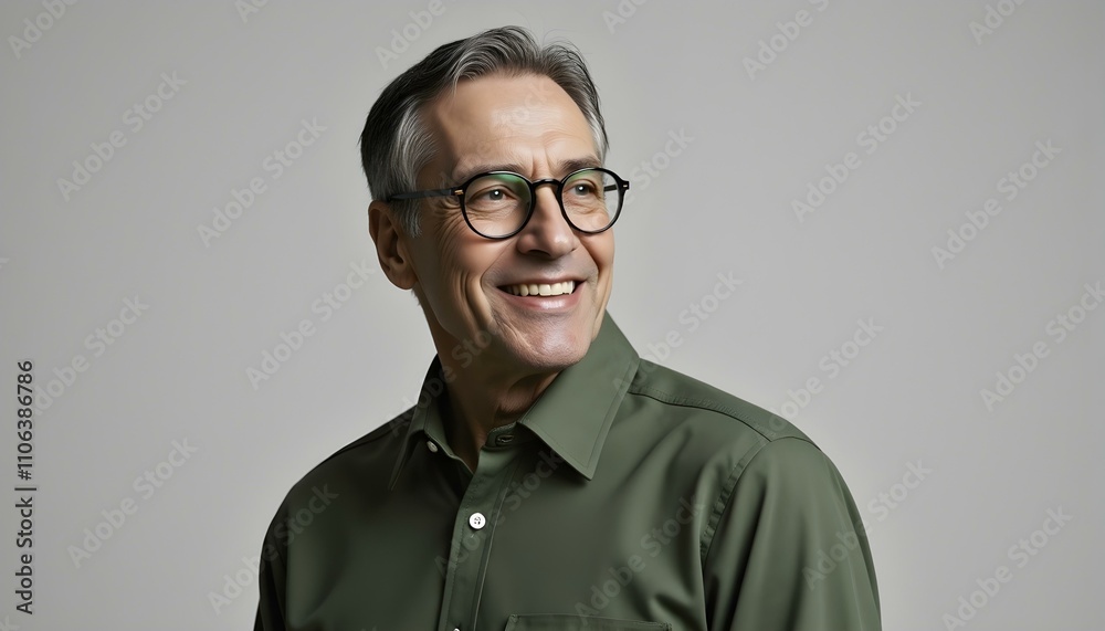 Happy confident cool middle aged business man, smiling mature professional businessman wearing green shirt and stylish eyeglasses looking aside standing isolated on gray background.