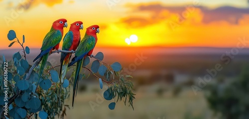 Vibrant king parrots perched on a eucalyptus branch, with a sunset over the Australian outback stretching behind.