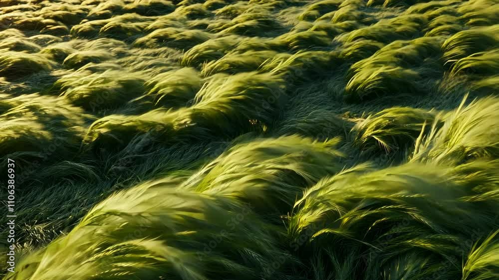 Lush green barley field swaying gently in the breeze during golden hour Lush green barley field swaying gently in the breeze during golden hour