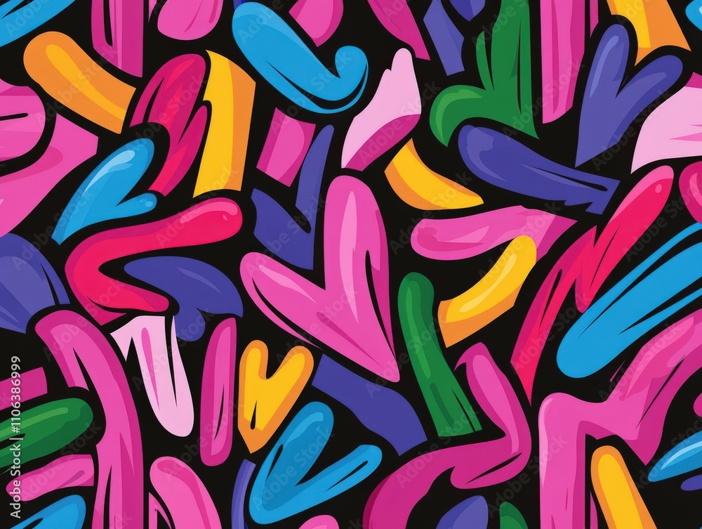 Colorful abstract hearts pattern on dark background