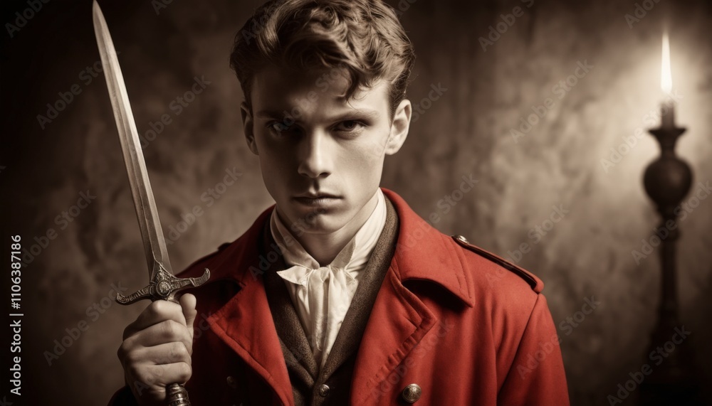 Serious young soldier in red uniform holding a sword by candlelight Serious young soldier in red uniform holding a sword by candlelight
