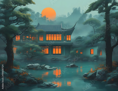 Traditional Chinese House by the Pond photo