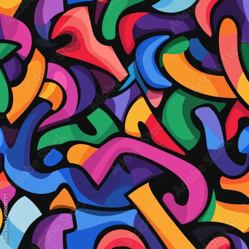 Vibrant shapes form patterns on a dark background