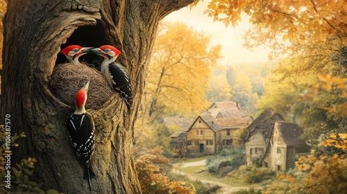 Woodpeckers nesting in an old oak tree, with a quaint forest village in the distance.