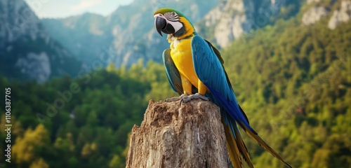 Yellow-collared macaws perched on an old tree stump, with a mountain forest in the distance.