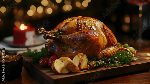 A perfectly roasted turkey on a wooden board surrounded by garnishes and gravy. photo