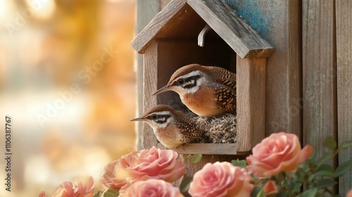 Wrens nestled in a cozy wooden birdhouse, with an English garden filled with roses below.