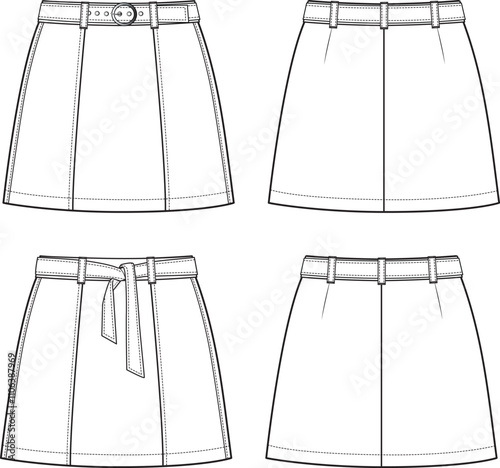 Women's A-Line, Belted Skirt Set- Technical fashion illustration. Front and back, white color. Women's CAD mock-up.