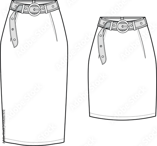 Women's Belted Pencil and Mini Skirt- Technical fashion illustration. Front, white color. Women's CAD mock-up.