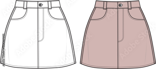 Women's Denim Mini Skirt- Technical fashion illustration. Front, white and nude color. Women's CAD mock-up.
