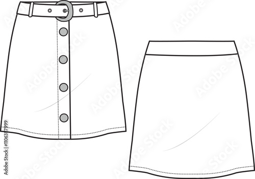 Women's Button Front Mini Skirt- Technical fashion illustration with button front detail. Front and back, white color. Women's CAD mock-up.