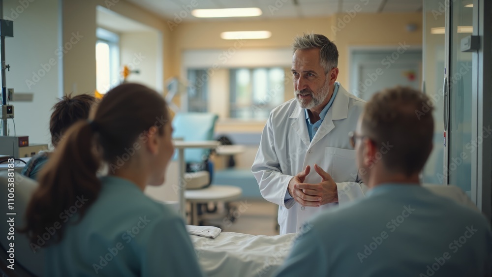 Supportive healthcare team interacting with a patient in a bright hospital room during daylight Supportive healthcare team interacting with a patient in a bright hospital room during daylight