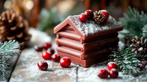 Soap shaped like log cabin with greenery and cranberries photo