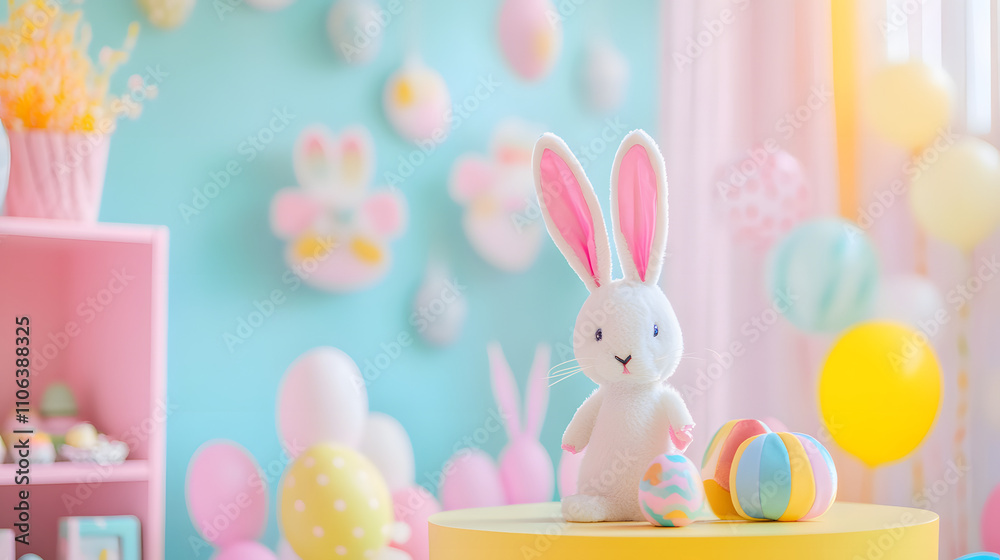 Fototapeta premium A playful Easter-themed photo booth with bunny ears colorful props and pastel backgrounds.