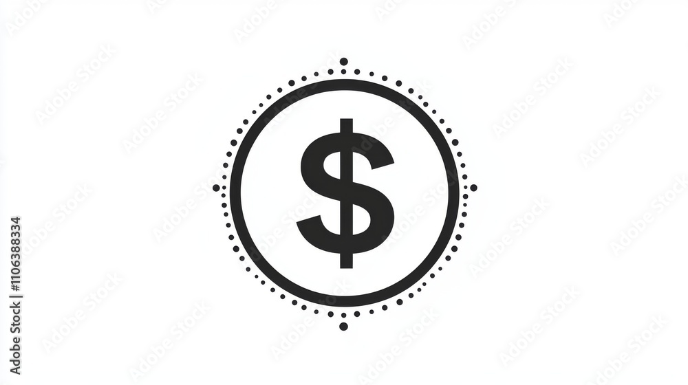 A bold dollar sign icon inside a circular dotted black frame on a white background A bold dollar sign icon inside a circular dotted black frame on a white background