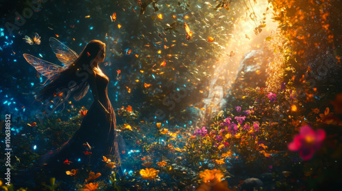 Fototapeta Naklejka Na Ścianę i Meble -  A fairy surrounded by colorful flowers and glowing butterflies in an enchanting forest at sunset
