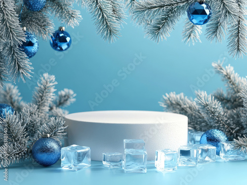 White oval podium with blue baubles, ice cubes, fir branches and snow dusted surface. Festive Christmas display on pastel blue background. Elegant holiday composition. photo