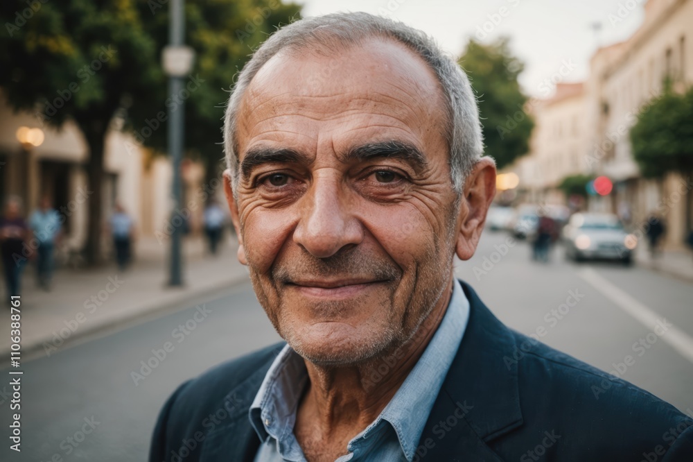 Close portrait of a smiling senior Cypriot man looking at the camera, Cypriot city outdoors blurred background Close portrait of a smiling senior Cypriot man looking at the camera, Cypriot city outdoors blurred background