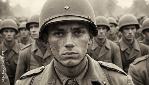Soldiers in uniform and helmets standing together, with a focus on a young soldier in the foreground