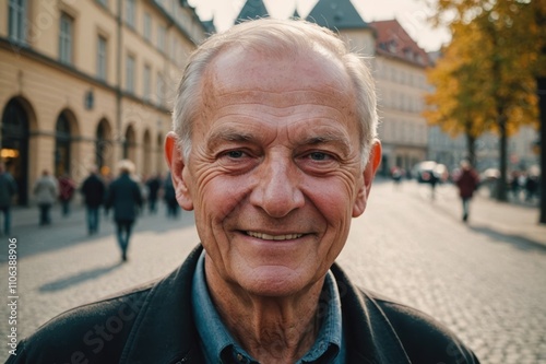 Close portrait of a smiling senior Czech man looking at the camera, Czech city outdoors blurred background