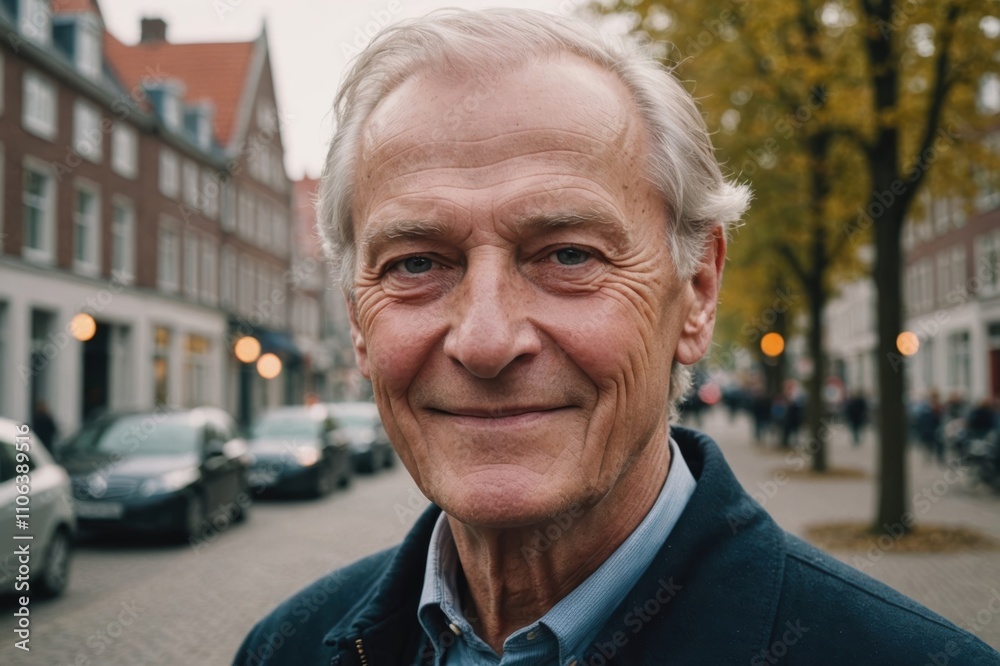 Close portrait of a smiling senior Dutch man looking at the camera, Dutch city outdoors blurred background Close portrait of a smiling senior Dutch man looking at the camera, Dutch city outdoors blurred background