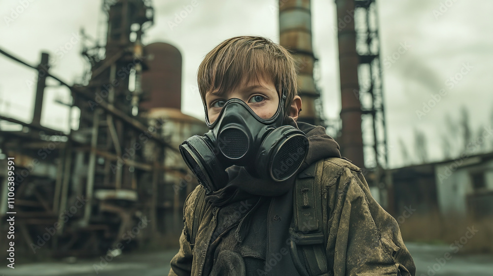 Young caucasian boy in gas mask at abandoned industrial site Young caucasian boy in gas mask at abandoned industrial site