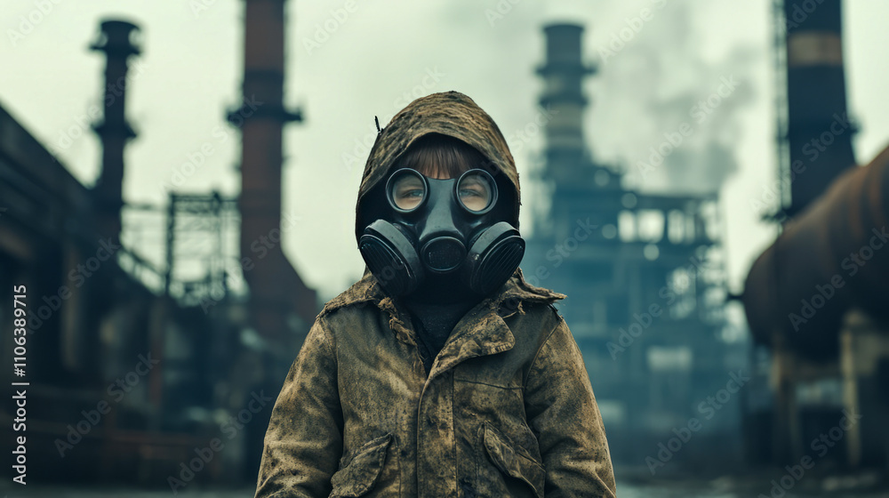 Young child wearing gas mask in industrial environment with smoke stacks Young child wearing gas mask in industrial environment with smoke stacks