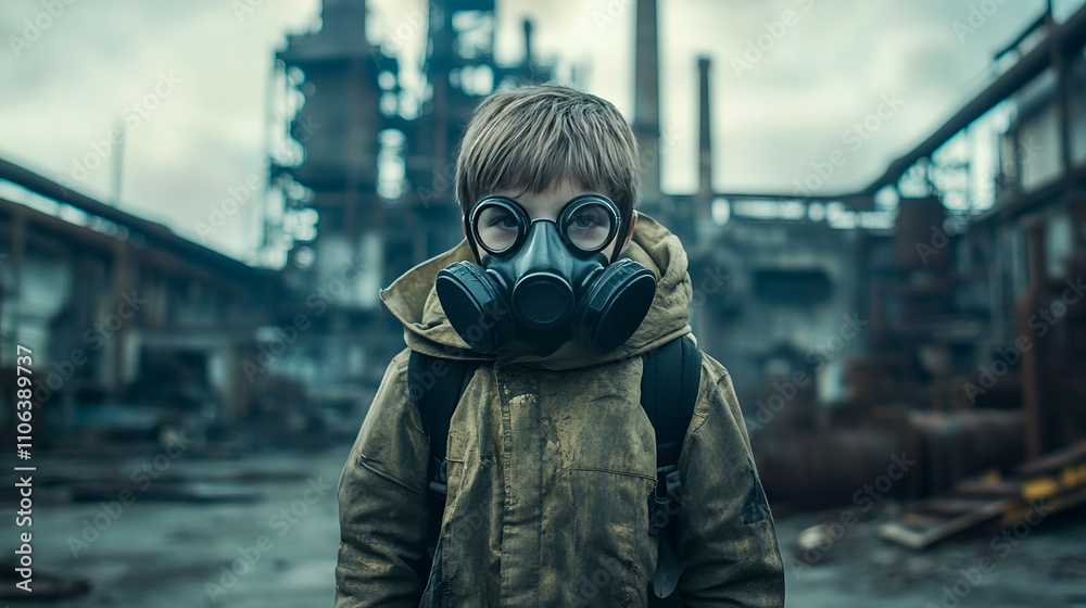 Young caucasian boy in gas mask standing in abandoned industrial area Young caucasian boy in gas mask standing in abandoned industrial area