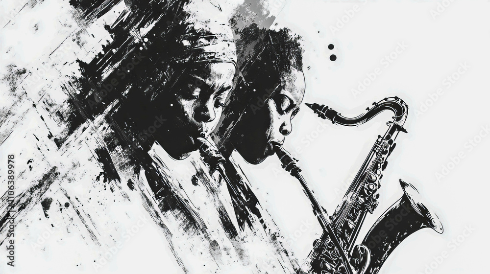Fototapeta premium African female musicians playing saxophones in black and white artistic painting