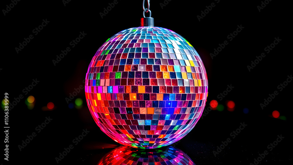 Obraz premium A glittering disco ball, reflecting colorful lights, on a black glossy background. Generative AI
