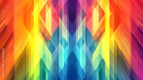 Vibrant, rainbow-colored, symmetrical digital art pattern with an abstract geometric design