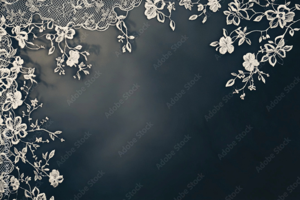 Fine lace texture, delicate white floral patterns against a dark surface, intricate and elegant Fine lace texture, delicate white floral patterns against a dark surface, intricate and elegant
