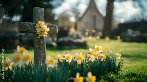 A serene churchyard with blooming daffodils and an Easter cross adorned with fresh flowers.