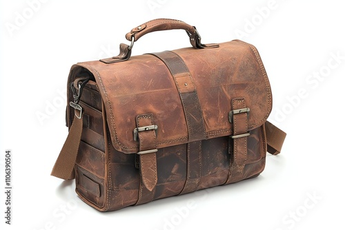 A vintage leather messenger bag, showcasing a rich brown color and classic design