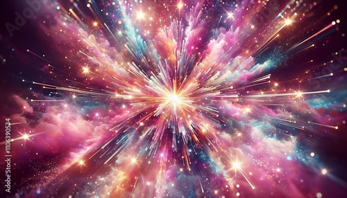 A cosmic burst of vibrant colors and shimmering stars sparks the imagination and evokes a sense of awe and exhilaration.