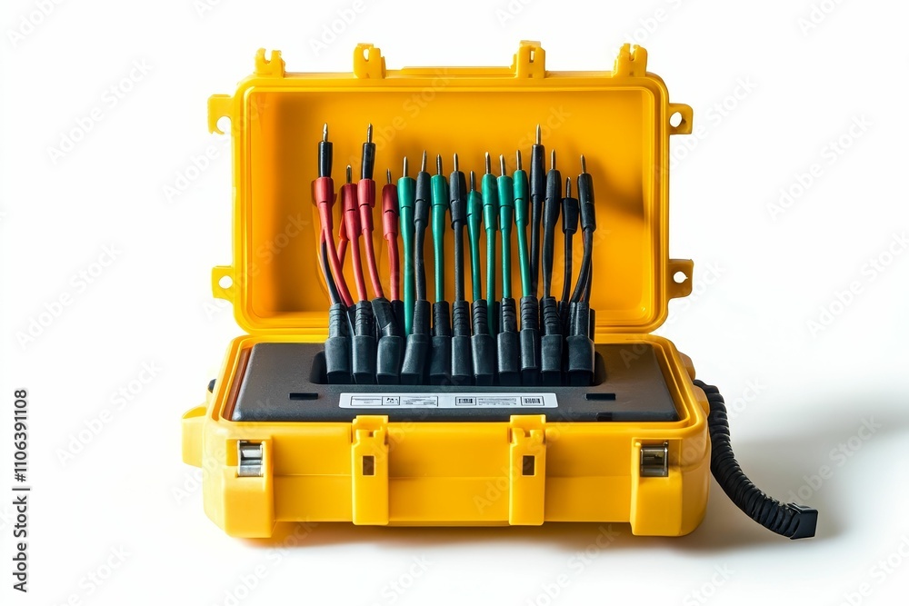 Fototapeta premium Yellow case holds colorful electrical probes.