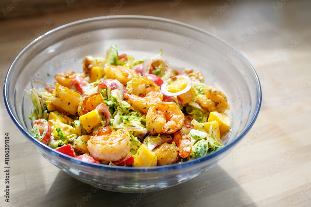 Fried shrimp salad with mango, avocado, lettuce and tomatoes with herb dressing in a glass bowl, fresh seafood party dish, copy space, selected focus Fried shrimp salad with mango, avocado, lettuce and tomatoes with herb dressing in a glass bowl, fresh seafood party dish, copy space, selected focus
