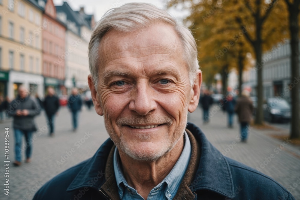 Close portrait of a smiling senior Finnish man looking at the camera, Finnish city outdoors blurred background Close portrait of a smiling senior Finnish man looking at the camera, Finnish city outdoors blurred background
