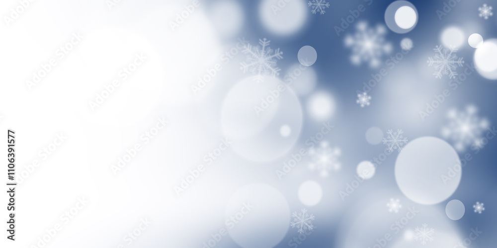 Winter snow background, with beautiful light and snow flakes on the blue sky, beautiful circles, banner format, copy space Winter snow background, with beautiful light and snow flakes on the blue sky, beautiful circles, banner format, copy space