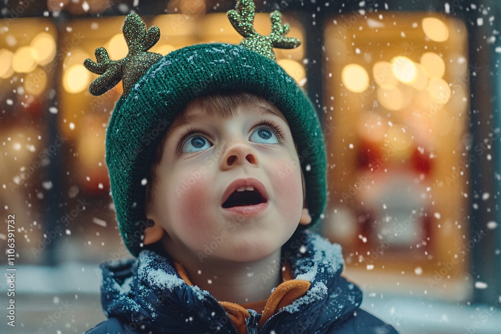 A young boy wearing a green reindeer beanie, looking amazed in a snowy street with Christmas lights and festive shop windows, cinematic medium shot 5 A young boy wearing a green reindeer beanie, looking amazed in a snowy street with Christmas lights and festive shop windows, cinematic medium shot 5