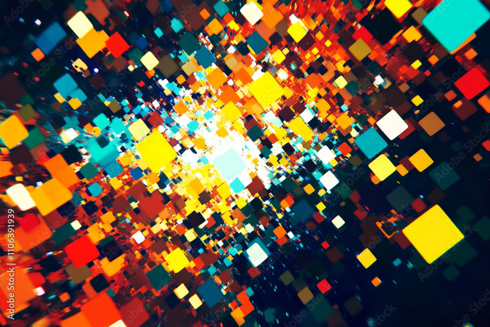 Obraz premium Abstract pixel explosion texture, dynamic burst of colorful squares, chaotic and energetic, modern and bold