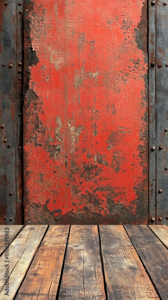 Rustic red metal sheet with wood floor. Rustic red metal sheet with wood floor.
