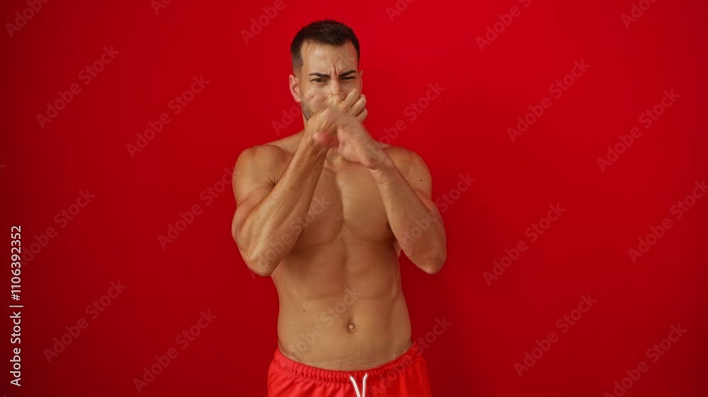 Stinky shirtless young hispanic man in swimsuit holding nose, over isolated red background due to intolerable bad smell with disgusted expression, smelling something disgusting and offensive