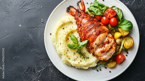 Grilled lobster tail served on a bed of creamy mashed potatoes, garnished with fresh herbs, cherry tomatoes, and buttery sauce. A luxurious seafood delicacy