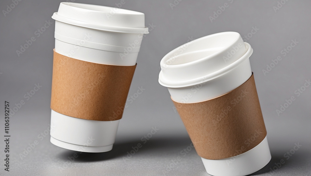 White paper cups of coffee mock up on grey background White paper cups of coffee mock up on grey background