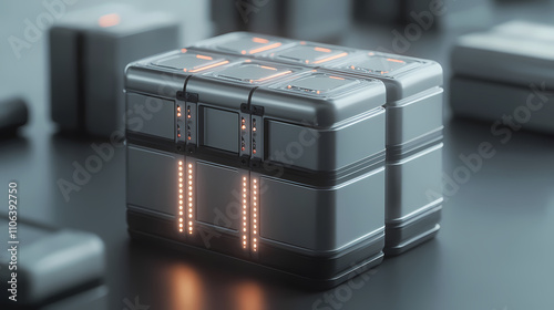 Set of cells on gray background. prismatic modules for lithium iron phosphate battery. uninterruptible power supply. copy space. 3d render. Prismatic. Illustration photo