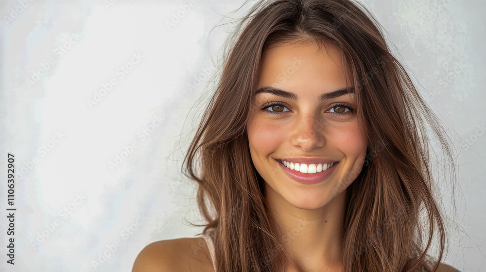 Young caucasian female with long brown hair smiling brightly against light background Young caucasian female with long brown hair smiling brightly against light background