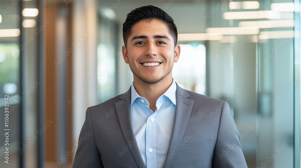 Smiling Businessman in Modern Office Hallway Smiling Businessman in Modern Office Hallway