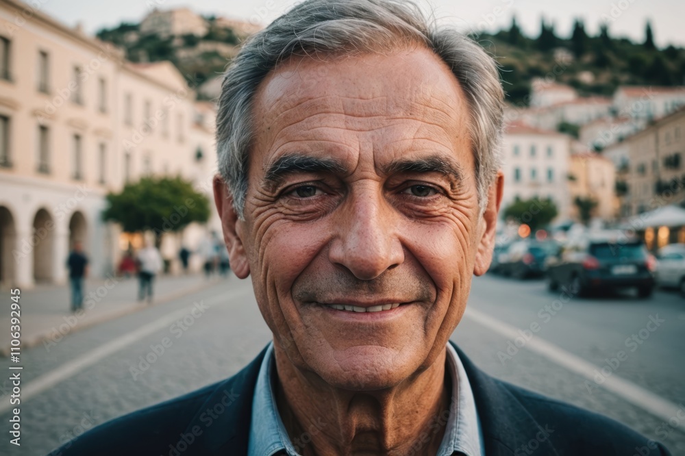 Close portrait of a smiling senior Greek man looking at the camera, Greek city outdoors blurred background Close portrait of a smiling senior Greek man looking at the camera, Greek city outdoors blurred background